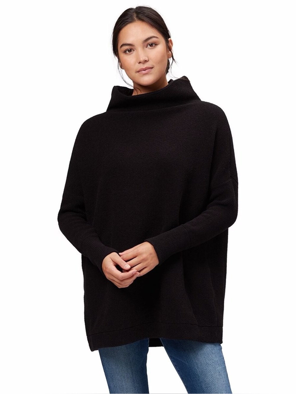Free People Ottoman Slouchy Tunic Sweater Size Medium Oversized Black Rib Knit
